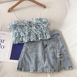 Floral Cropped Camisole Top / Denim Mini A-line Skirt