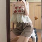 Color-block Camisole / Long-sleeve Cut-out Knit Top / High-waist Dress Shorts