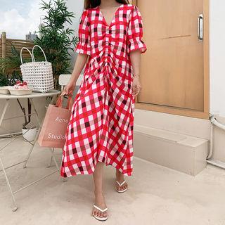 Shirred-front Check Dress Red - One Size