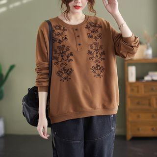 Floral Embroidered Henley Sweatshirt