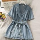 Double-breasted Mock Two-piece Denim Playsuit With Sash