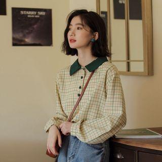 Long-sleeve Plaid Polo Shirt Green - One Size