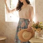 Set: V-neck Plain Blouse + Floral Midi A-line Skirt