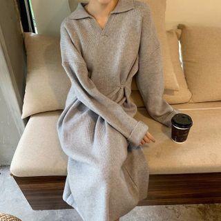 Collared Midi A-line Sweater Dress
