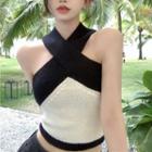 Halter Two Tone Knit Top Off-white & Black - One Size