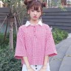 3/4-sleeve Plaid Collared Top Red - One Size