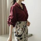 Set: Puff-sleeve Blouse + Printed Slit-hem Pencil Skirt