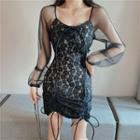 Lace Drawstring Long-sleeve Mini Sheath Dress