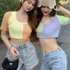 Short-sleeve Color Block Knitted Crop Top
