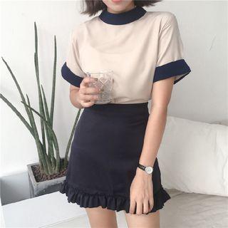 Set: Color-block Chiffon Top + Plain Pencil Skirt
