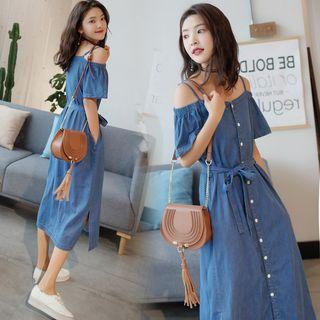 Short-sleeve Cold Shoulder Buttoned Denim Dress