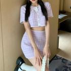 Set: Short-sleeve Button-up Knit Top + Mini Skirt