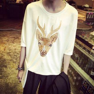 Deer Embroidered Elbow Sleeve T-shirt