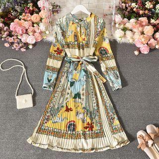 Long-sleeve Print Accordion-pleat Midi A-line Dress Yellow - One Size