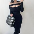 Cold Shoulder Long-sleeve Midi Sheath Dress Premium Edition - Black - One Size
