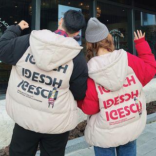 Couple Matching Color Block Lettering Hooded Padded Jacket