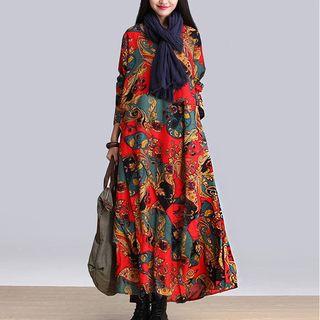 Long-sleeve Patterned Linen Dress