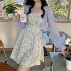 Spaghetti Strap Floral Print Dress / Puff-sleeve Jacket