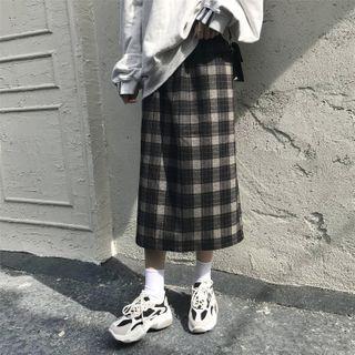 Plaid Midi A-line Skirt Black & Gray - One Size