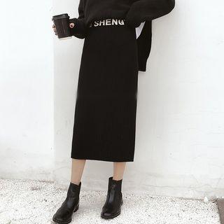 Lettering Midi H-line Knit Skirt Black - One Size