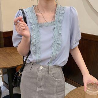 Elbow-sleeve Square Neck Lace Trim Blouse