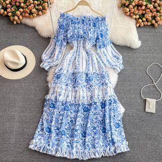 Off Shoulder Floral Print Chiffon Tiered Dress