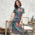 Printed Short-sleeve Qipao Blue - S