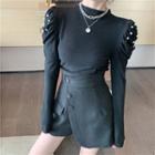 Studded Long-sleeve Top / Asymmetric Mini A-line Skirt