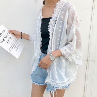 3/4-sleeve Fringed Embroidered Chiffon Jacket