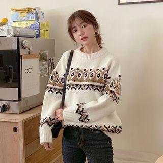 Drop-shoulder Nordic-pattern Sweater Ivory - One Size