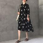 Long-sleeve Floral Print Midi Chiffon Dress Black - One Size