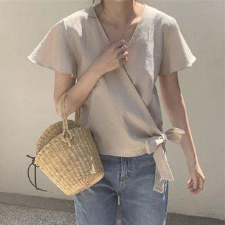 Short-sleeve V-neck Tie-strap Blouse Khaki - One Size