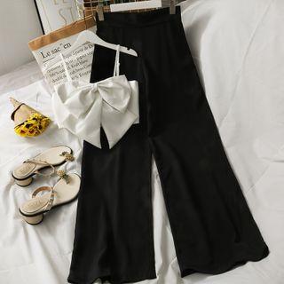 Set: Ribbon Crop Top + High-waist Wide-leg Pants