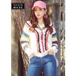 V-neck Multi-color Furry Sweater