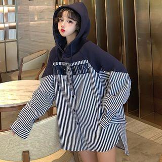 Striped Panel Buttoned Hoodie As Shown In Figure - One Size