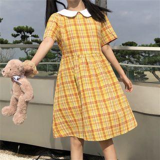 Collared Plaid Short-sleeve A-line Dress As Shown In Figure - One Size