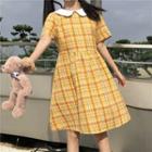 Collared Plaid Short-sleeve A-line Dress As Shown In Figure - One Size