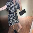 Short-sleeve Leopard Print Mini Sheath Dress / Belted A-line Dress