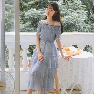 Dotted Off-shoulder Tiered Chiffon Dress
