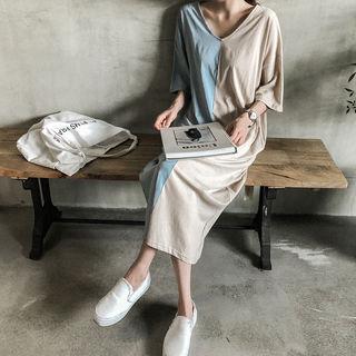 V-neck Two-tone Long T-shirt Dress