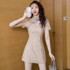 Set: Short-sleeve Lace Cut-out Qipao Dress + High-waist Shorts