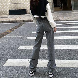 Lettering Washed Straight Leg Jeans / Cropped Baseball Jacket