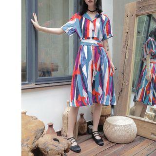 Short-sleeve Patterned Notch Lapel Shirt Dress
