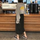 Long-sleeve Cartoon Print T-shirt / Midi A-line Skirt