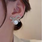 Rhinestone Bow Faux Pearl Stud Earring 1 Pair - Gold - One Size