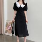 Puff-sleeve Eyelet Collar Midi A-line Dress