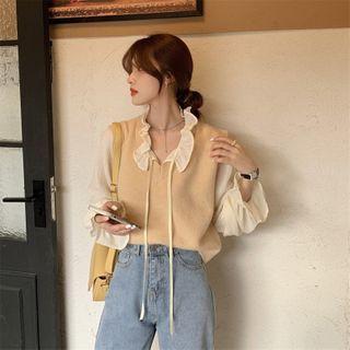 Sweater Vest / Ruffle Trim Blouse