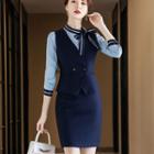 Double-breasted Vest / Dress Pants / Mini Pencil Skirt / Ribbon Blouse / Set