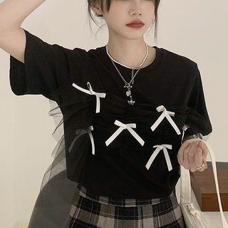 Short-sleeve Bow-accent Lace Panel T-shirt