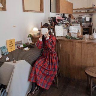 Square-neck Plaid A-line Dress Red - One Size